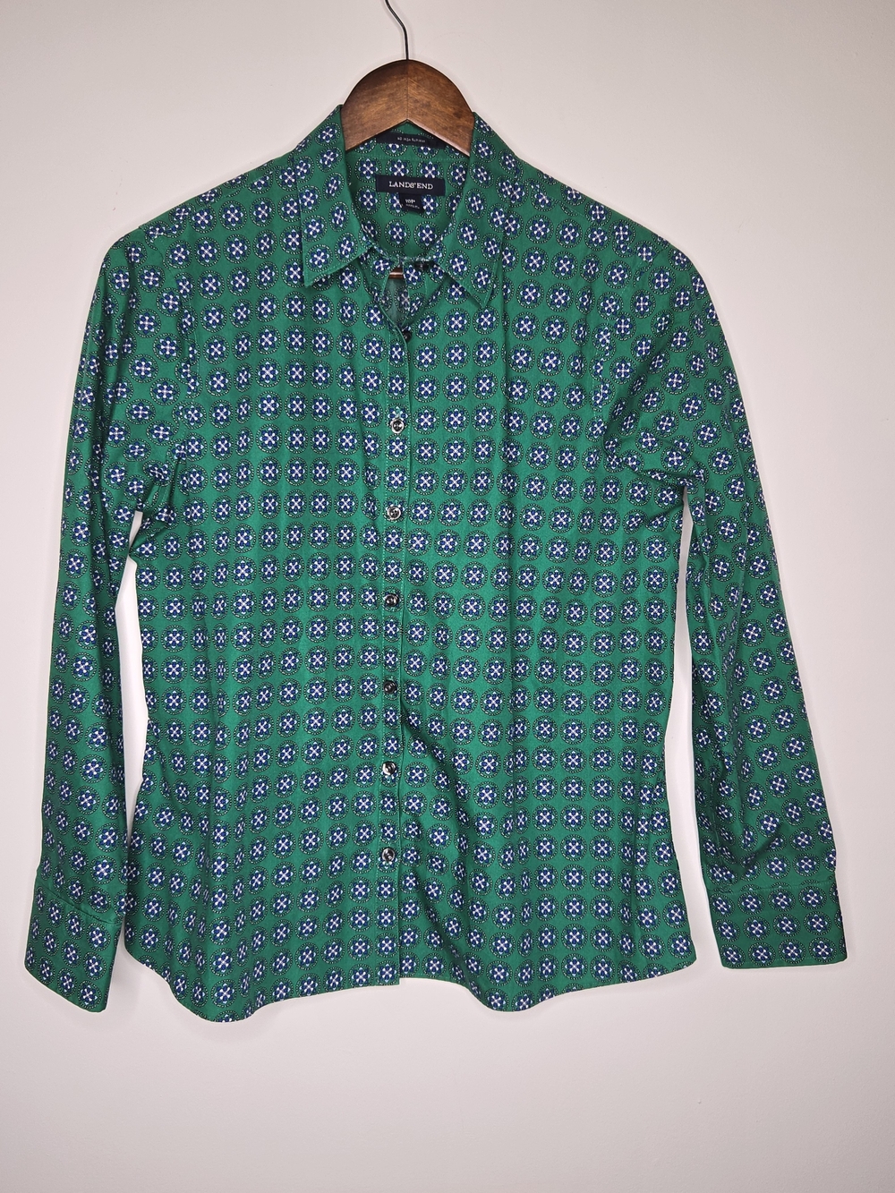 Lands' End Green Patterned -No Iron -Lightweight Collar Long-Sleeve Shirt 10P